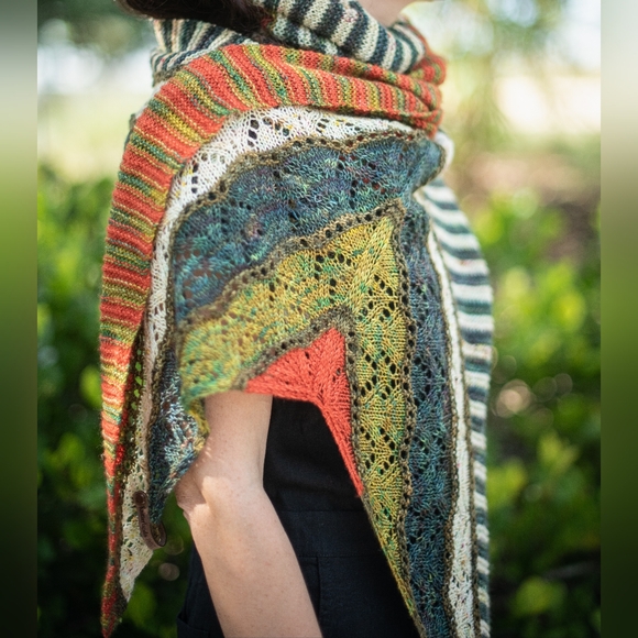 Shawl Large Striped Lace Green Red Yellow Hand Knit Wrap - Picture 10 of 15